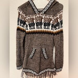 Alpaca Wool Sweater Women’s S Hooded Aztec Brown Fringe Sweater